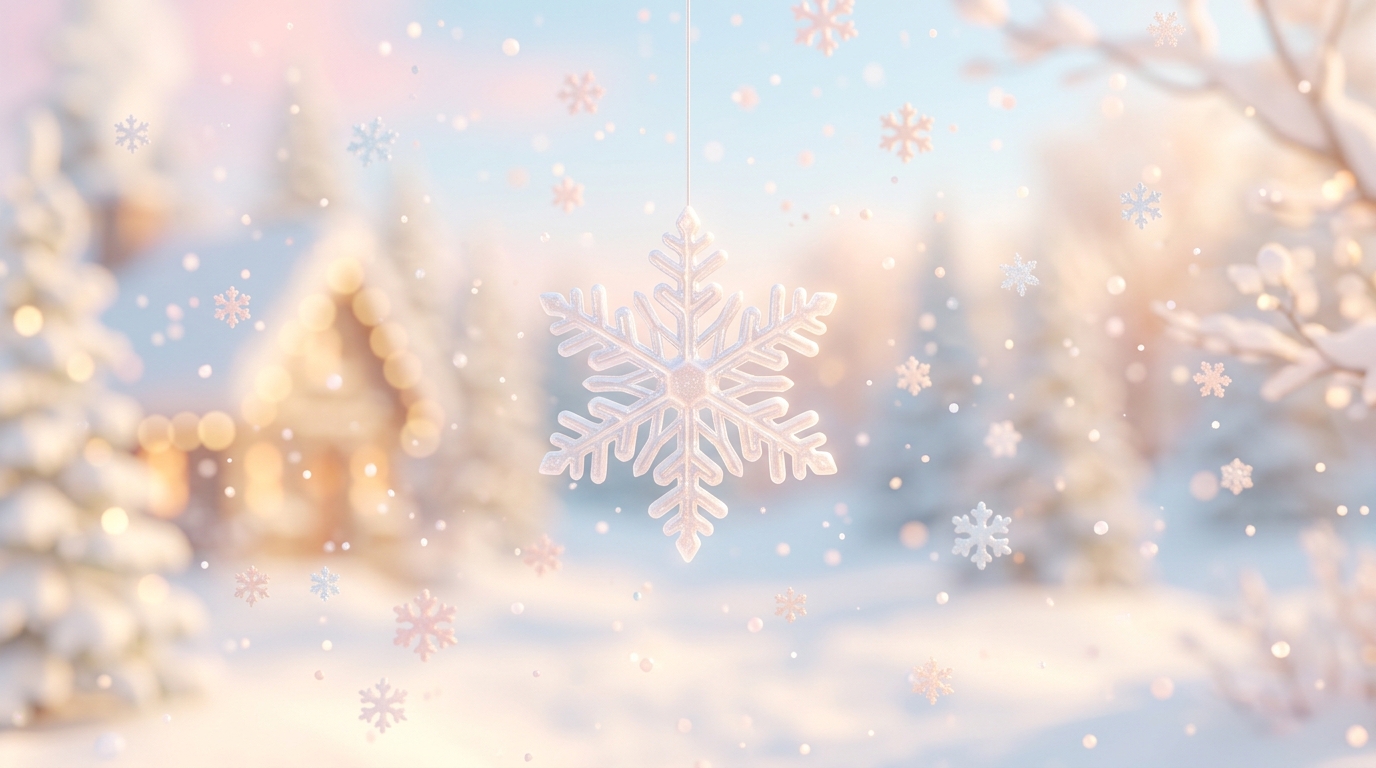 Soft 3d render of falling snowflakes, centered subject with a simple uncluttered composition, soft pastel colors, bright and cozy, 16:9 aspect ratio