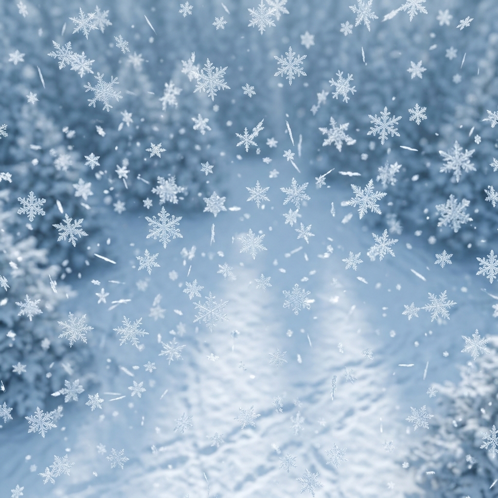 Soft 3d render of falling snowflakes, high-angle view from above, cool blue tones, quiet atmosphere, 1:1 aspect ratio