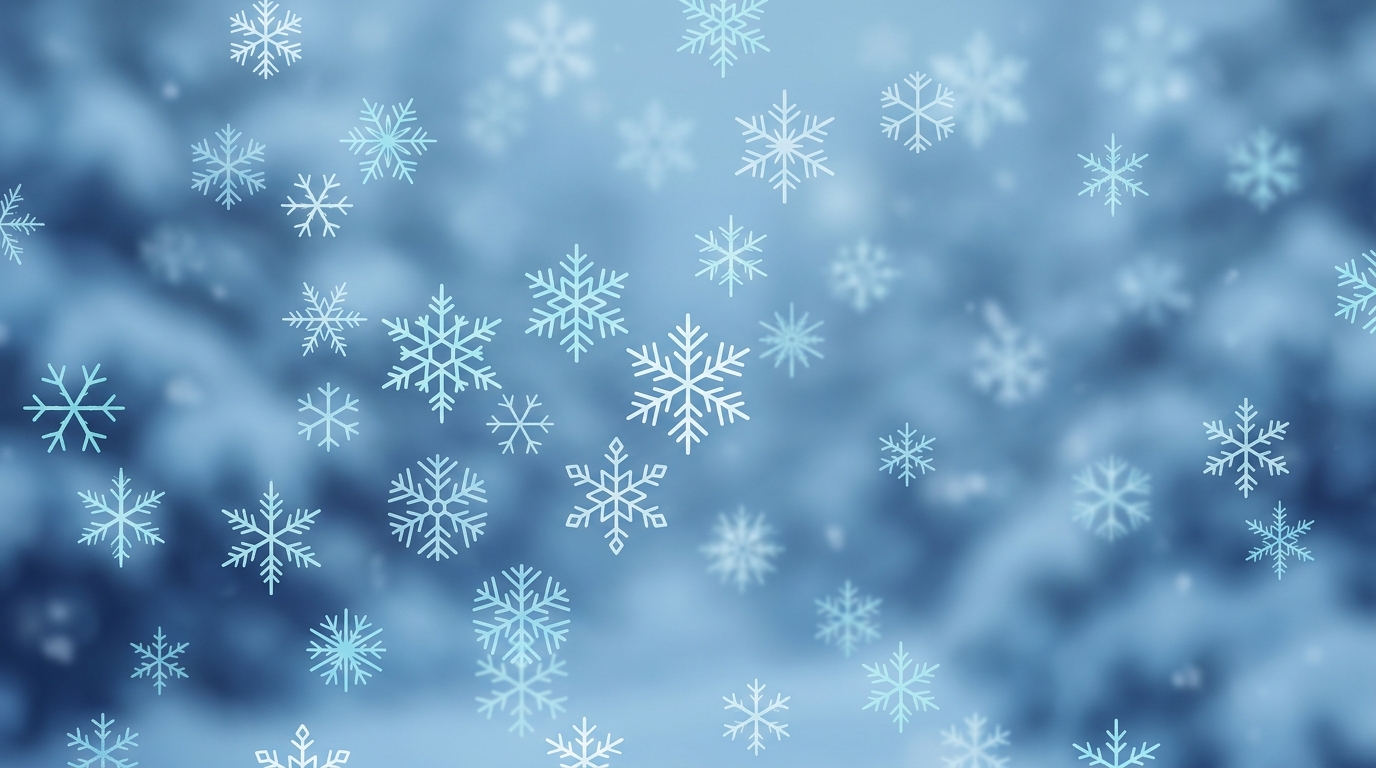 Minimal flat illustration of falling snowflakes, close-up detail with shallow depth of field, cool blue tones, quiet atmosphere, 16:9 aspect ratio