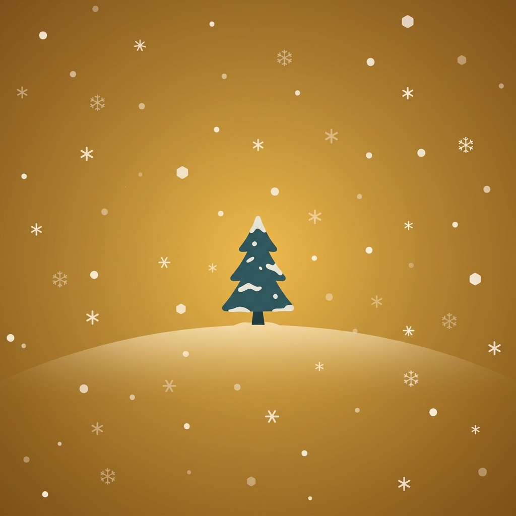 Minimal flat illustration of falling snowflakes, centered subject with a simple uncluttered composition, warm golden light, calm mood, 1:1 aspect ratio