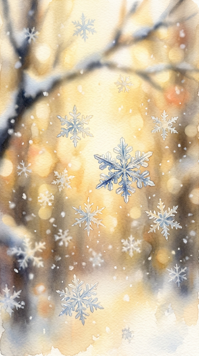 Watercolor illustration of falling snowflakes, close-up detail with shallow depth of field, warm golden light, calm mood, 9:16 aspect ratio