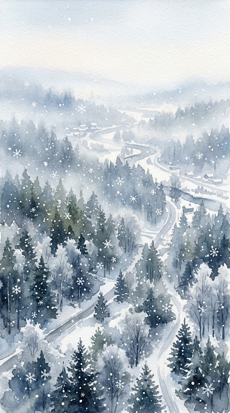Watercolor illustration of falling snowflakes, high-angle view from above, misty morning haze, dreamy, 9:16 aspect ratio