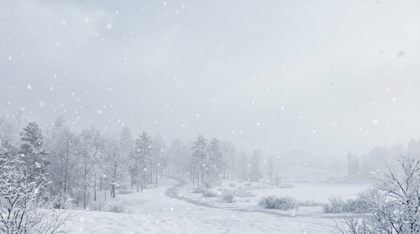 Soft 3d render of falling snowflakes, wide shot with open space at the top for text, misty morning haze, dreamy, 16:9 aspect ratio