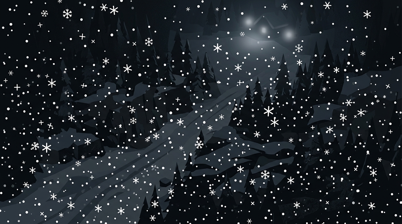 Minimal flat illustration of falling snowflakes, high-angle view from above, moody dark tones, dramatic lighting, 16:9 aspect ratio