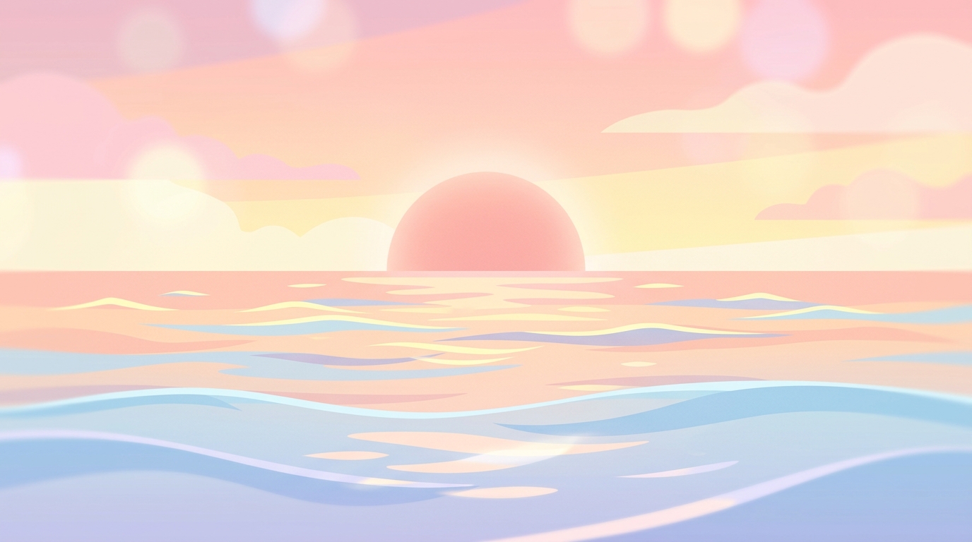 Minimal flat illustration of sunset over the sea, close-up detail with shallow depth of field, soft pastel colors, bright and cozy, 16:9 aspect ratio