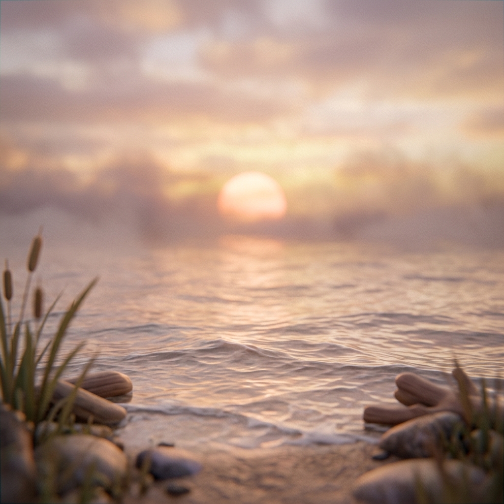 Soft 3d render of sunset over the sea, close-up detail with shallow depth of field, misty morning haze, dreamy, 1:1 aspect ratio