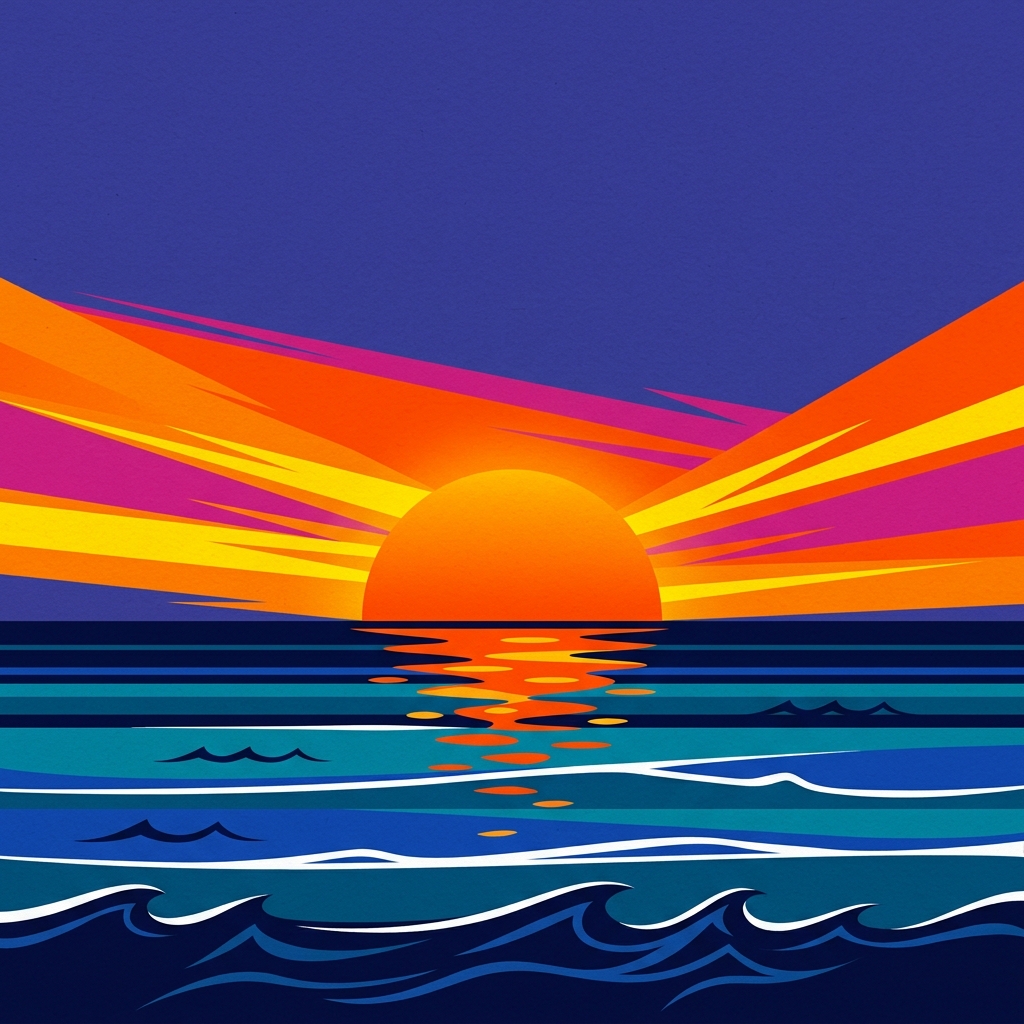 Minimal flat illustration of sunset over the sea, wide shot with open space at the top for text, vivid colors, high contrast, energetic, 1:1 aspect ratio
