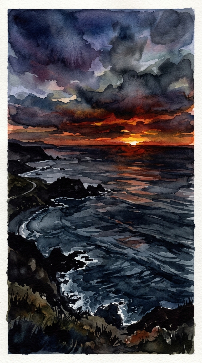 Watercolor illustration of sunset over the sea, high-angle view from above, moody dark tones, dramatic lighting, 9:16 aspect ratio