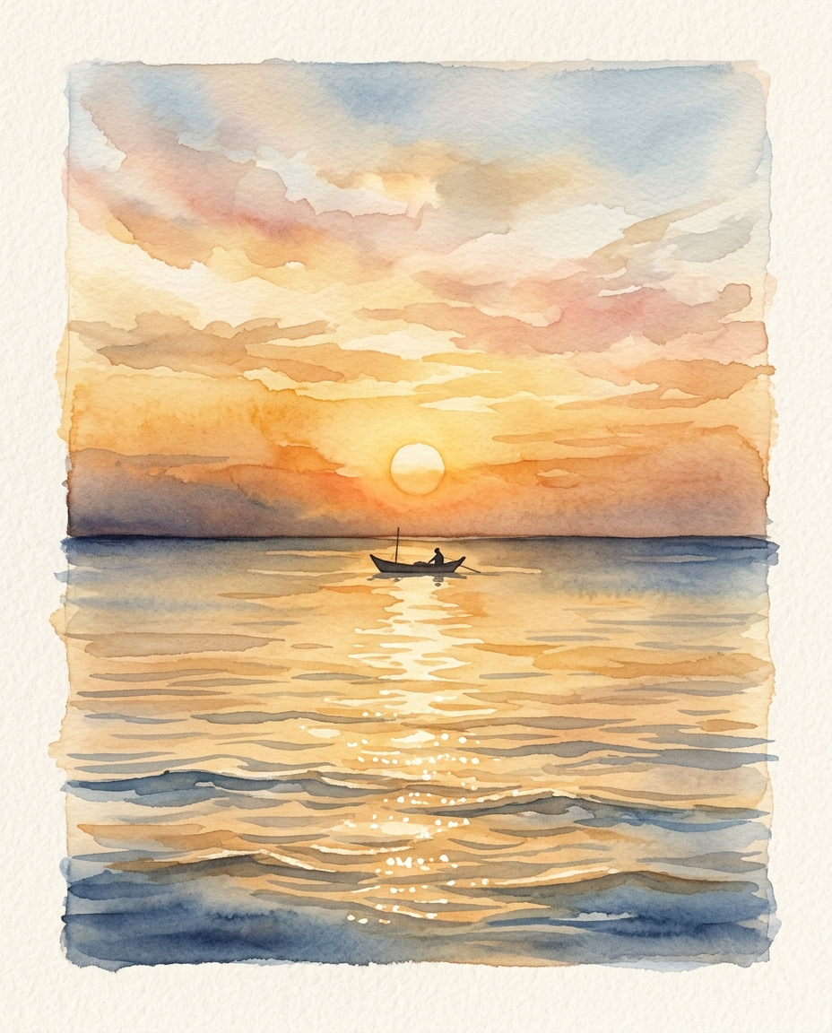 Watercolor illustration of sunset over the sea, centered subject on a clean simple background, warm golden light, calm mood, 4:5 aspect ratio