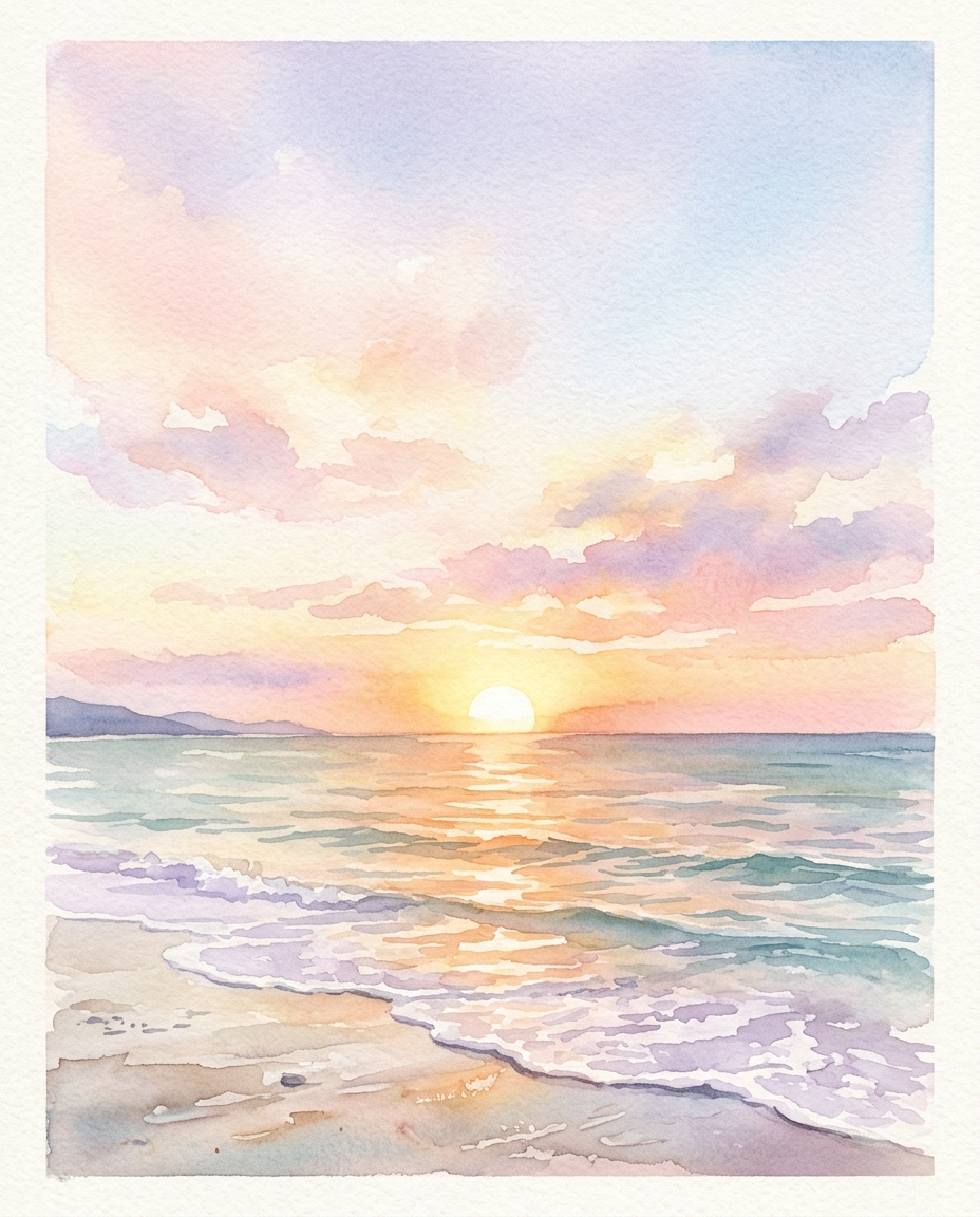 Watercolor illustration of sunset over the sea, wide shot with open space at the top for text, soft pastel colors, bright and cozy, 4:5 aspect ratio