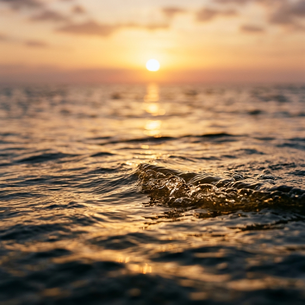 Photorealistic photo of sunset over the sea, close-up detail with shallow depth of field, warm golden light, calm mood, 1:1 aspect ratio