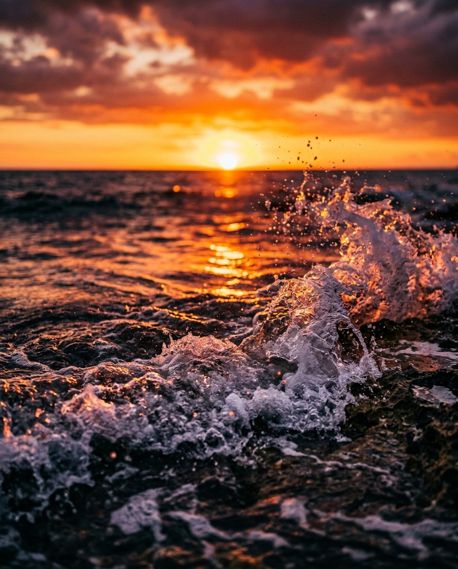 Cinematic film still of sunset over the sea, close-up detail with shallow depth of field, vivid colors, high contrast, energetic, 4:5 aspect ratio