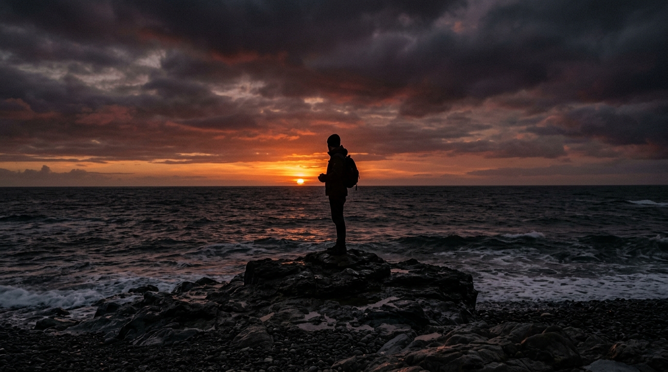 Photorealistic photo of sunset over the sea, centered subject on a clean simple background, moody dark tones, dramatic lighting, 16:9 aspect ratio