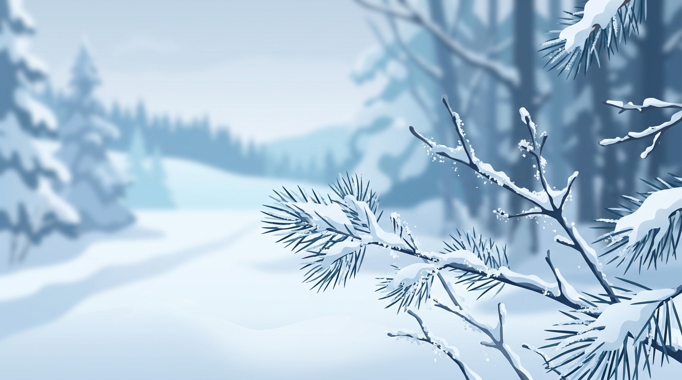 Minimal flat illustration of snowy winter landscape, close-up detail with shallow depth of field, cool blue tones, quiet atmosphere, 16:9 aspect ratio