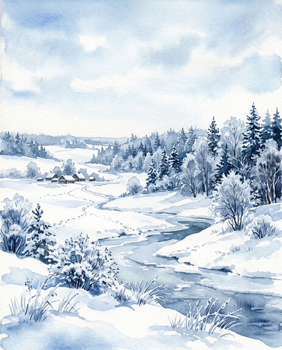 Watercolor illustration of snowy winter landscape, wide shot with open space at the top for text, cool blue tones, quiet atmosphere, 4:5 aspect ratio