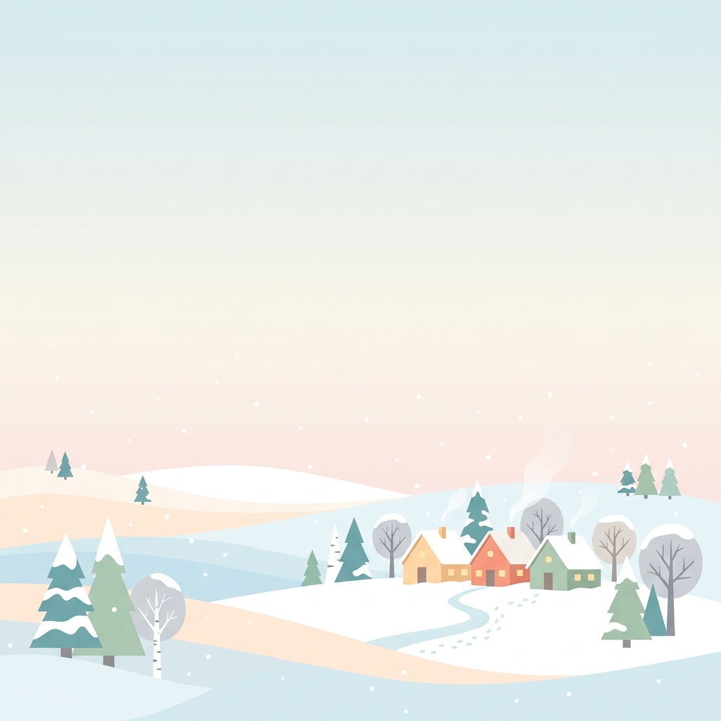 Minimal flat illustration of snowy winter landscape, wide shot with open space at the top for text, soft pastel colors, bright and cozy, 1:1 aspect ratio