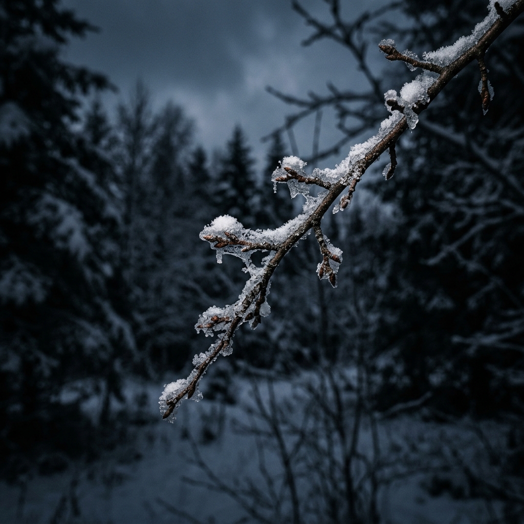Photorealistic photo of snowy winter landscape, close-up detail with shallow depth of field, moody dark tones, dramatic lighting, 1:1 aspect ratio