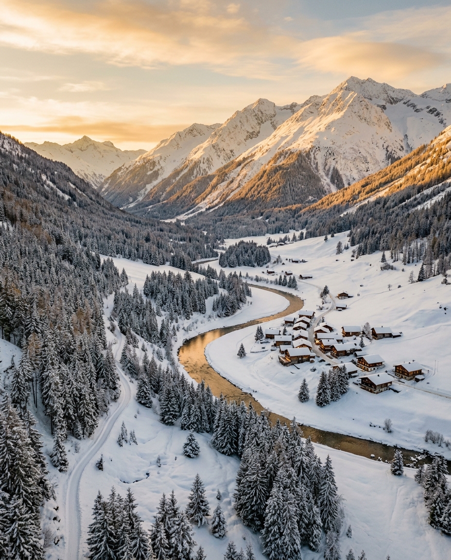 Cinematic film still of snowy winter landscape, high-angle view from above, warm golden light, calm mood, 4:5 aspect ratio