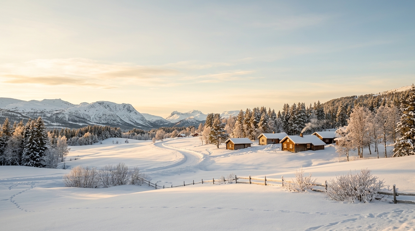 Photorealistic photo of snowy winter landscape, wide shot with open space at the top for text, warm golden light, calm mood, 16:9 aspect ratio