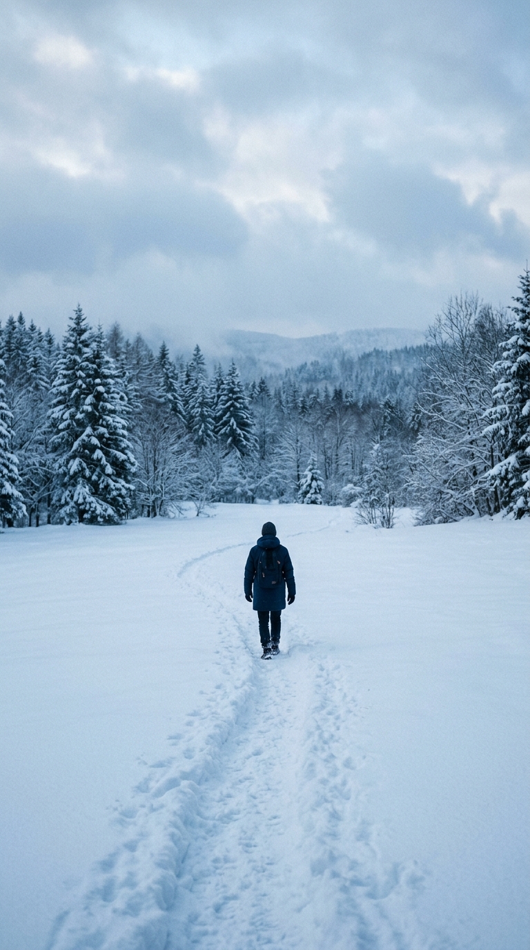 눈 덮인 겨울 풍경, 시네마틱 영화 장면, 단순하고 깔끔한 구도 가운데 놓인 피사체, 차가운 푸른 톤, 고요한 분위기, 9:16 비율