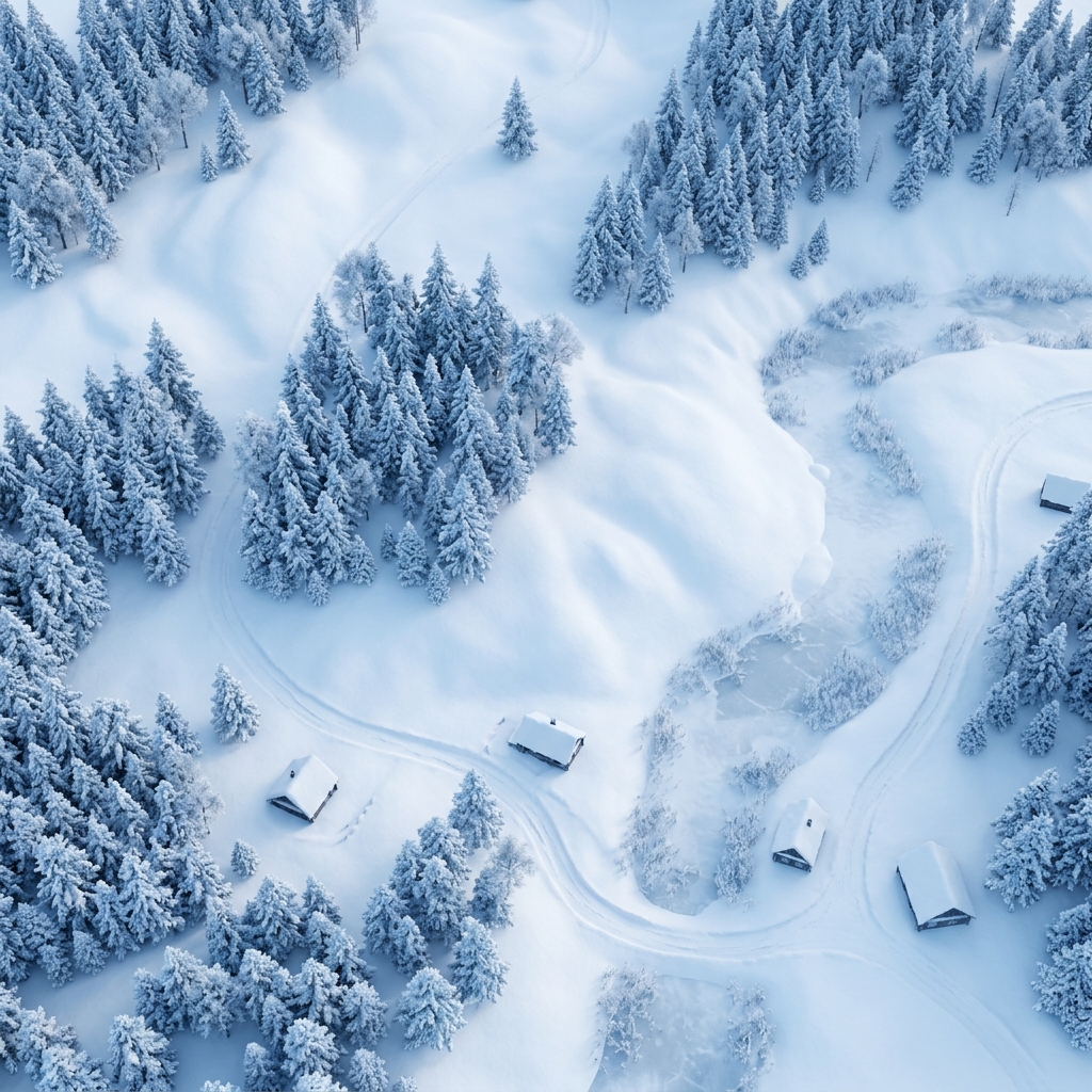 Soft 3d render of snowy winter landscape, high-angle view from above, cool blue tones, quiet atmosphere, 1:1 aspect ratio
