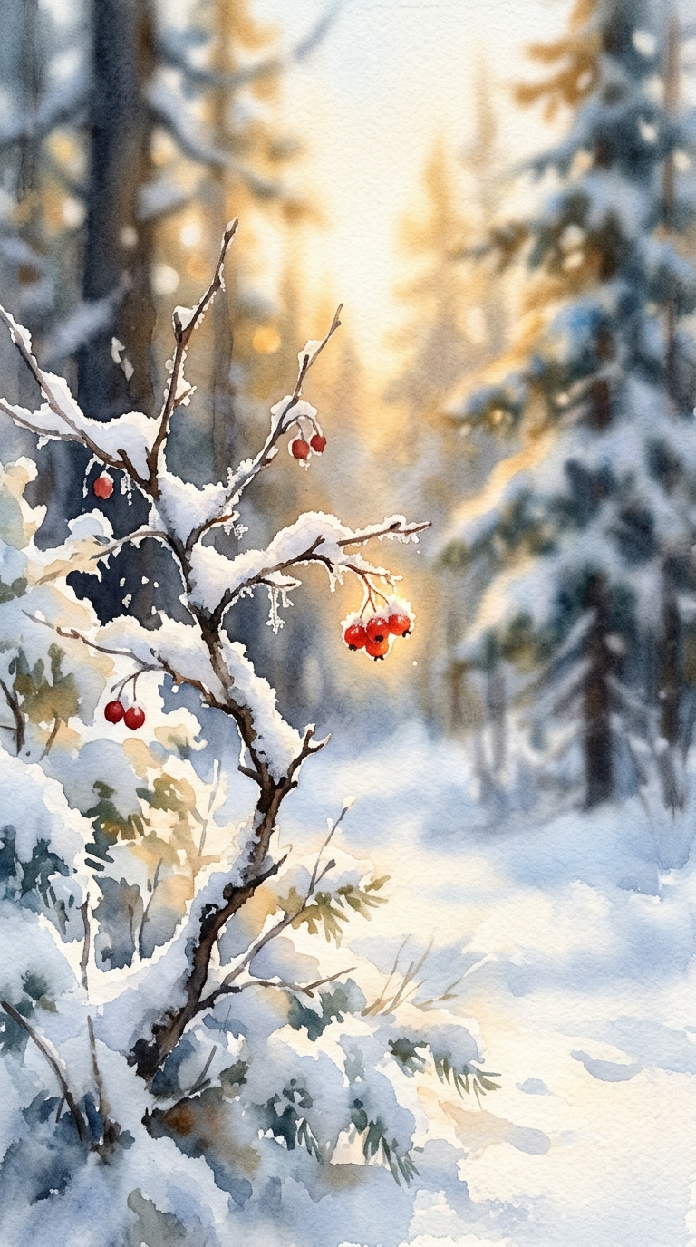 Watercolor illustration of snowy winter landscape, close-up detail with shallow depth of field, warm golden light, calm mood, 9:16 aspect ratio