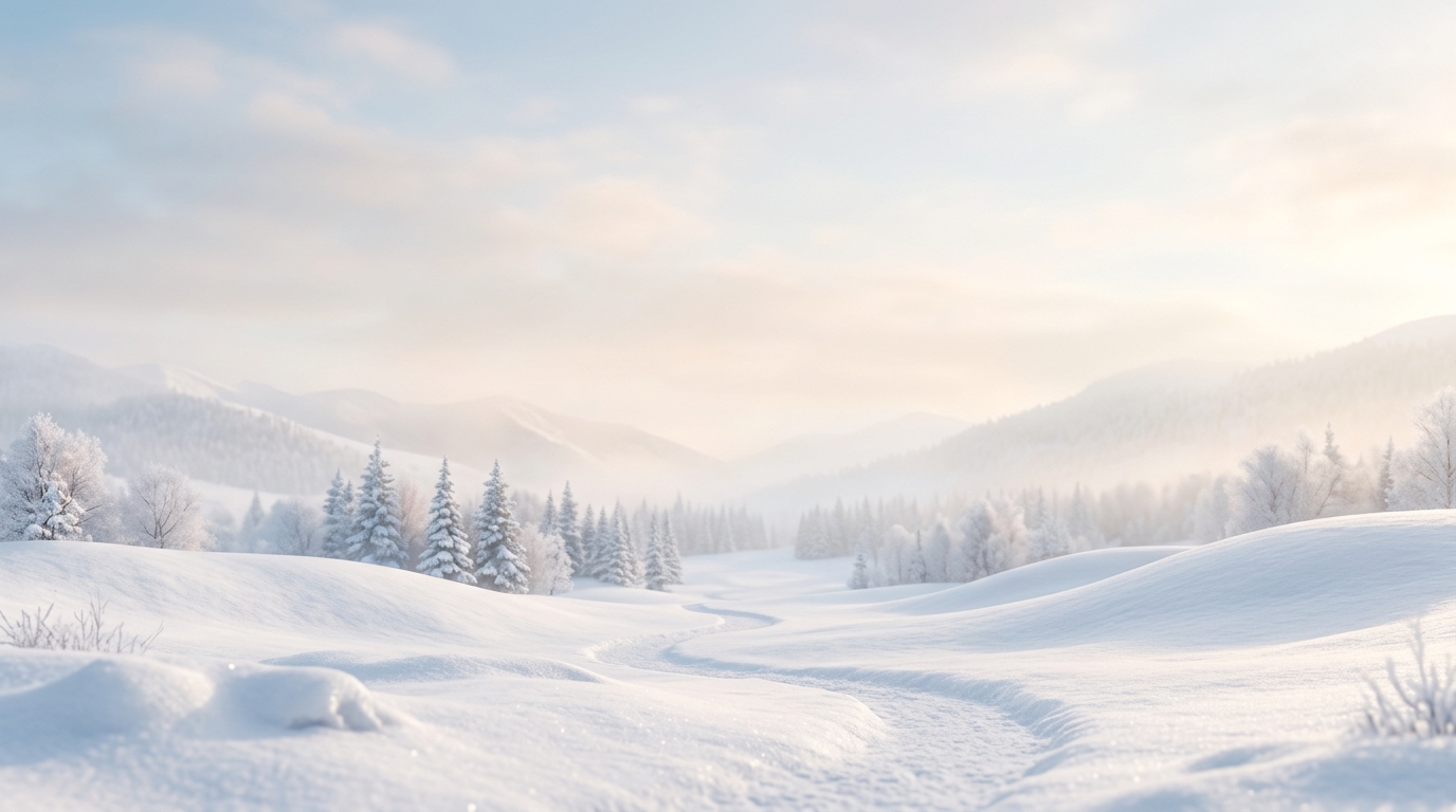 Soft 3d render of snowy winter landscape, wide shot with open space at the top for text, misty morning haze, dreamy, 16:9 aspect ratio