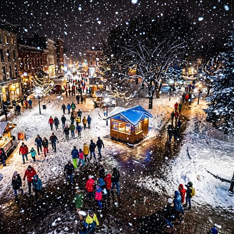 Photorealistic photo of falling snowflakes, high-angle view from above, vivid colors, high contrast, energetic, 1:1 aspect ratio