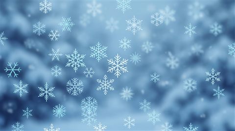 Minimal flat illustration of falling snowflakes, close-up detail with shallow depth of field, cool blue tones, quiet atmosphere, 16:9 aspect ratio