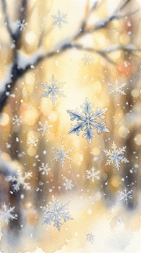 Watercolor illustration of falling snowflakes, close-up detail with shallow depth of field, warm golden light, calm mood, 9:16 aspect ratio