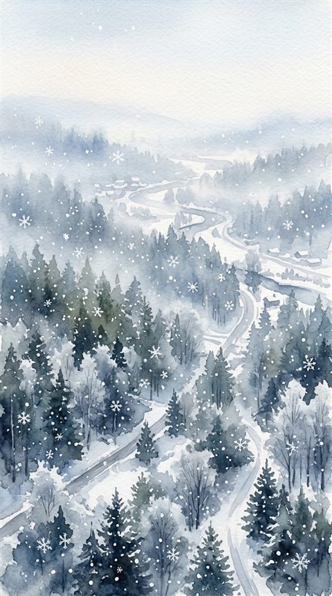 Watercolor illustration of falling snowflakes, high-angle view from above, misty morning haze, dreamy, 9:16 aspect ratio