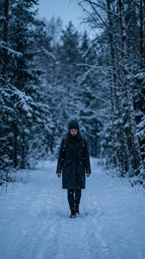 Cinematic film still of falling snowflakes, centered subject with a simple uncluttered composition, cool blue tones, quiet atmosphere, 9:16 aspect ratio
