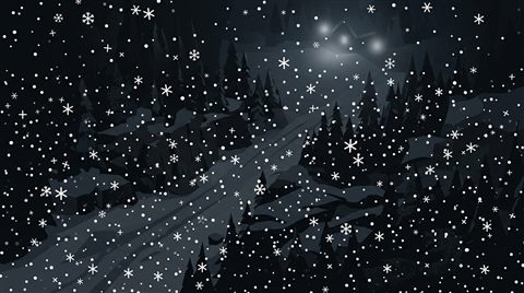 Minimal flat illustration of falling snowflakes, high-angle view from above, moody dark tones, dramatic lighting, 16:9 aspect ratio