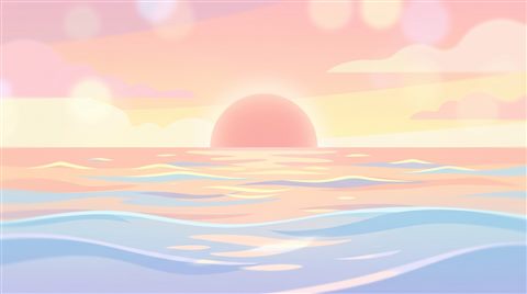 Minimal flat illustration of sunset over the sea, close-up detail with shallow depth of field, soft pastel colors, bright and cozy, 16:9 aspect ratio