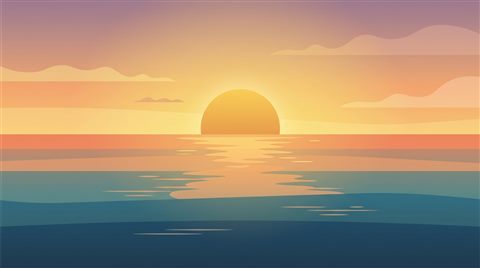 Minimal flat illustration of sunset over the sea, high-angle view from above, warm golden light, calm mood, 16:9 aspect ratio