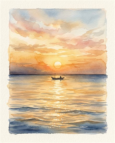 Watercolor illustration of sunset over the sea, centered subject on a clean simple background, warm golden light, calm mood, 4:5 aspect ratio