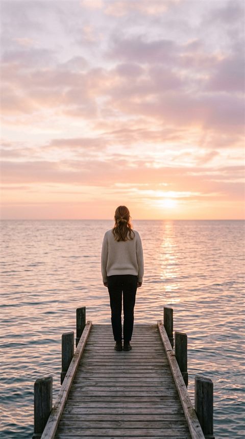 Cinematic film still of sunset over the sea, centered subject on a clean simple background, soft pastel colors, bright and cozy, 9:16 aspect ratio