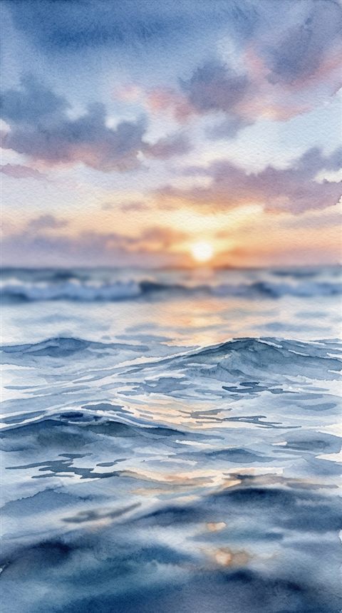 Watercolor illustration of sunset over the sea, close-up detail with shallow depth of field, cool blue tones, quiet atmosphere, 9:16 aspect ratio
