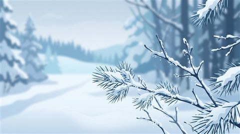 Minimal flat illustration of snowy winter landscape, close-up detail with shallow depth of field, cool blue tones, quiet atmosphere, 16:9 aspect ratio
