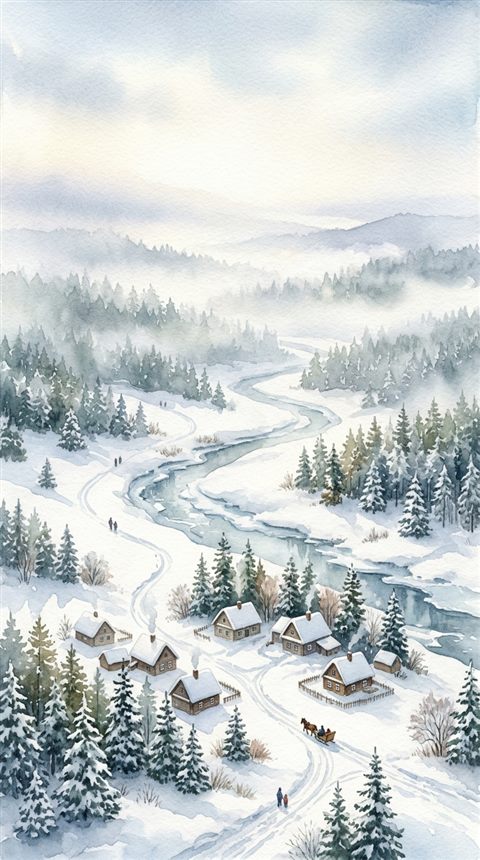 Watercolor illustration of snowy winter landscape, high-angle view from above, misty morning haze, dreamy, 9:16 aspect ratio