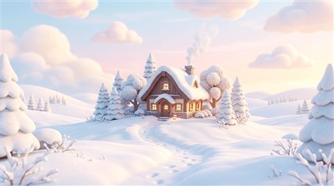 Soft 3d render of snowy winter landscape, centered subject with a simple uncluttered composition, soft pastel colors, bright and cozy, 16:9 aspect ratio