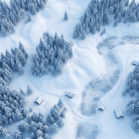 Soft 3d render of snowy winter landscape, high-angle view from above, cool blue tones, quiet atmosphere, 1:1 aspect ratio
