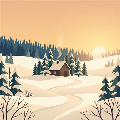 Minimal flat illustration of snowy winter landscape, centered subject with a simple uncluttered composition, warm golden light, calm mood, 1:1 aspect ratio