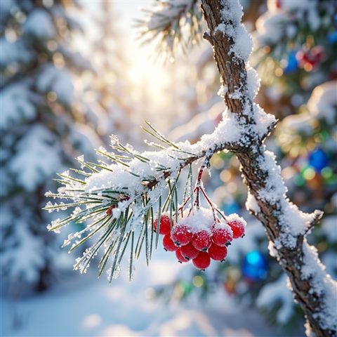 Soft 3d render of snowy winter landscape, close-up detail with shallow depth of field, vivid colors, high contrast, energetic, 1:1 aspect ratio